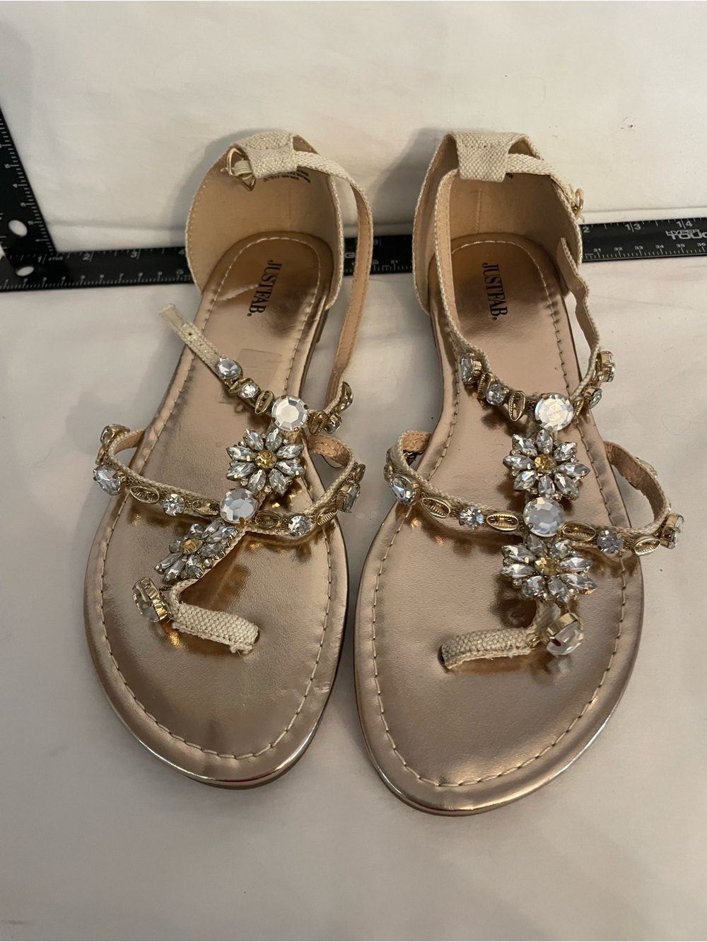 JustFab Gold Jeweled T-Strap Sandals for Women - Crystal Embellished